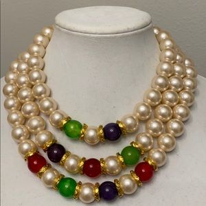 Faux Pearl and Multi Color Bead Necklace